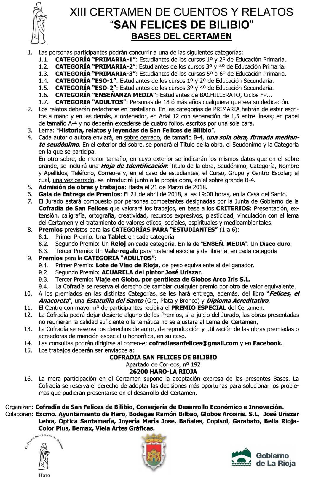 La Cofradía de San Felices convoca el XIII Certamen de Cuentos y Relatos 1