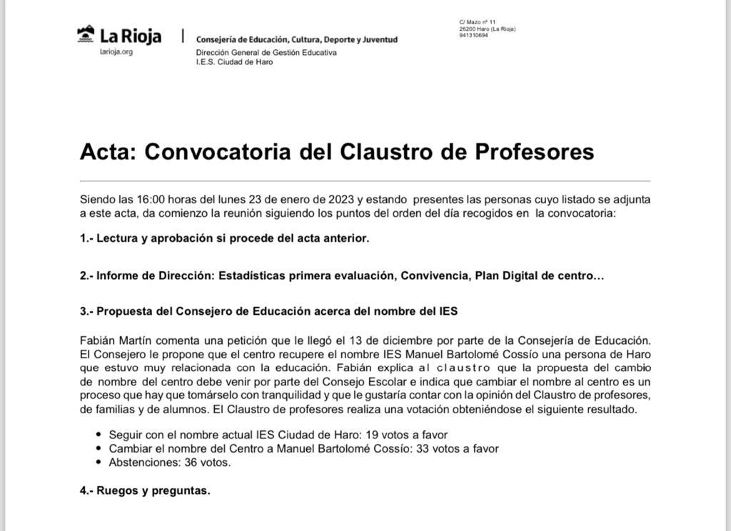 El cambio de IES Ciudad de Haro a IES Manuel Bartolomé Cossío 5 El cambio de IES Ciudad de Haro a IES Manuel Bartolomé Cossío 5