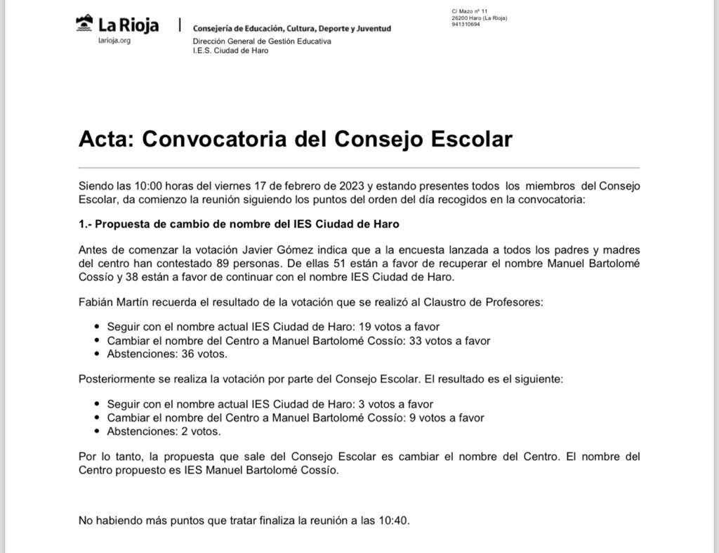 El cambio de IES Ciudad de Haro a IES Manuel Bartolomé Cossío 6 El cambio de IES Ciudad de Haro a IES Manuel Bartolomé Cossío 6