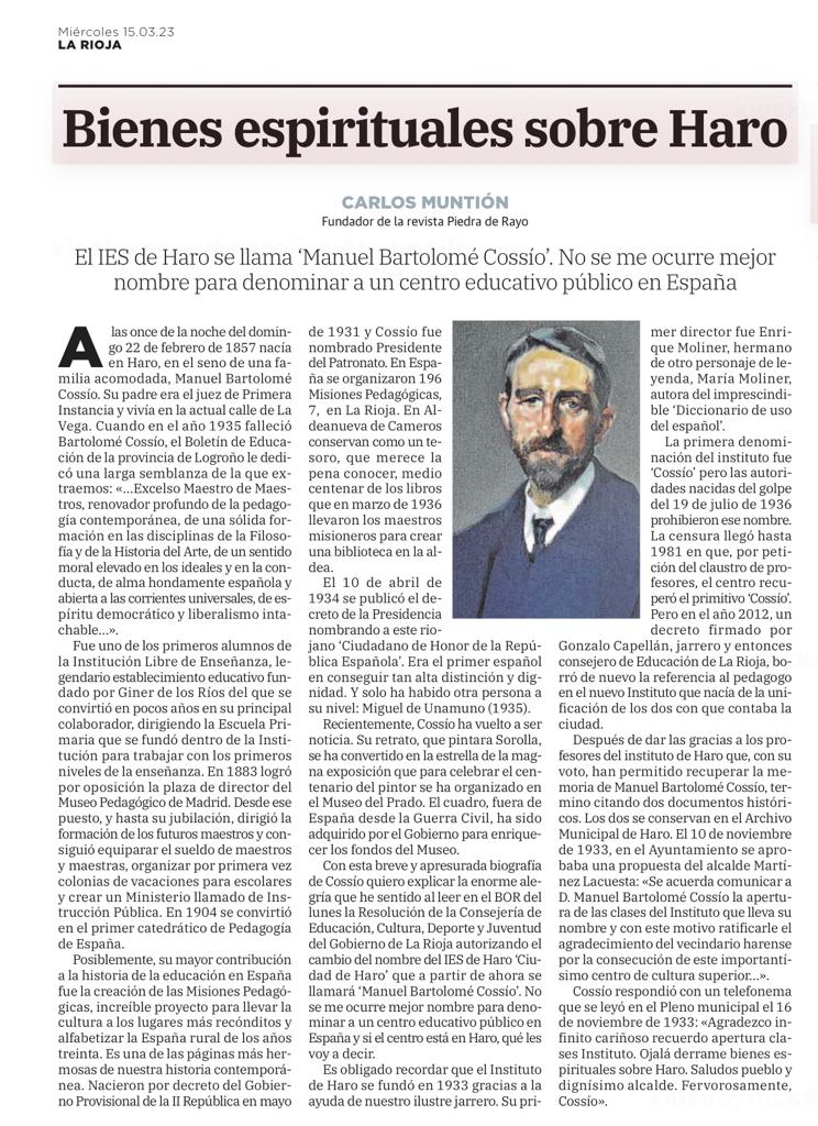 El cambio de IES Ciudad de Haro a IES Manuel Bartolomé Cossío 8 El cambio de IES Ciudad de Haro a IES Manuel Bartolomé Cossío 8