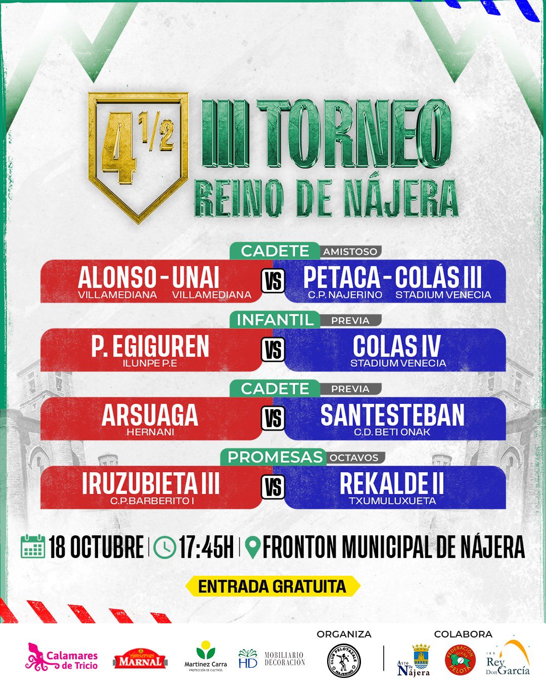 El III Torneo Reino de Nájera arranca finalmente este viernes con 44 pelotaris en liza 1